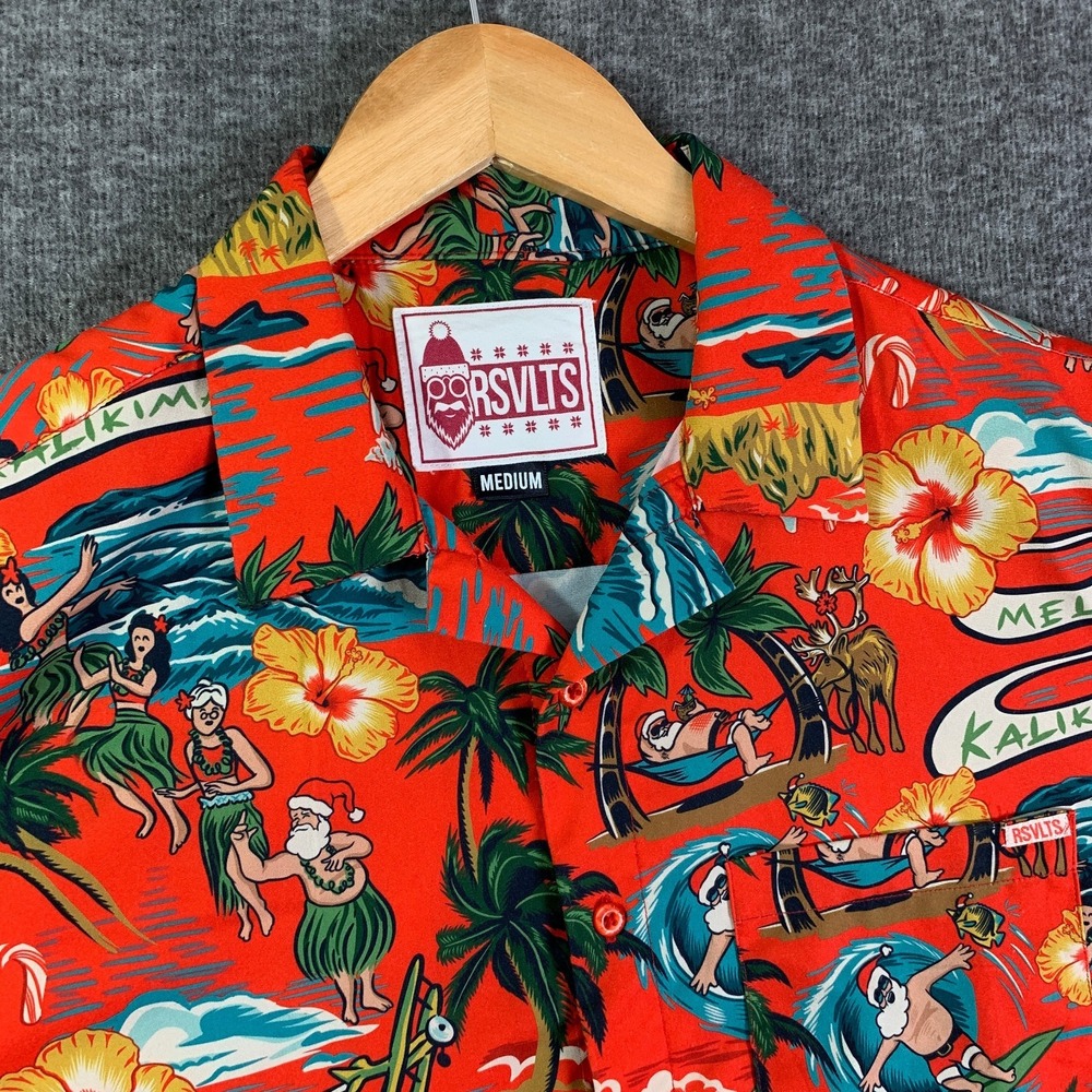 RSVLTS Shirt Men Medium Santa Clause Aloha Beach Hula Girl Beach Mele Kalikimaka